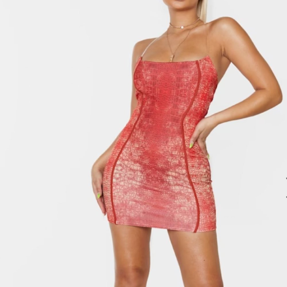 Pretty Little Thing Bodycon Dress - Red Snake Print Binded Detail Clear Strap Bo